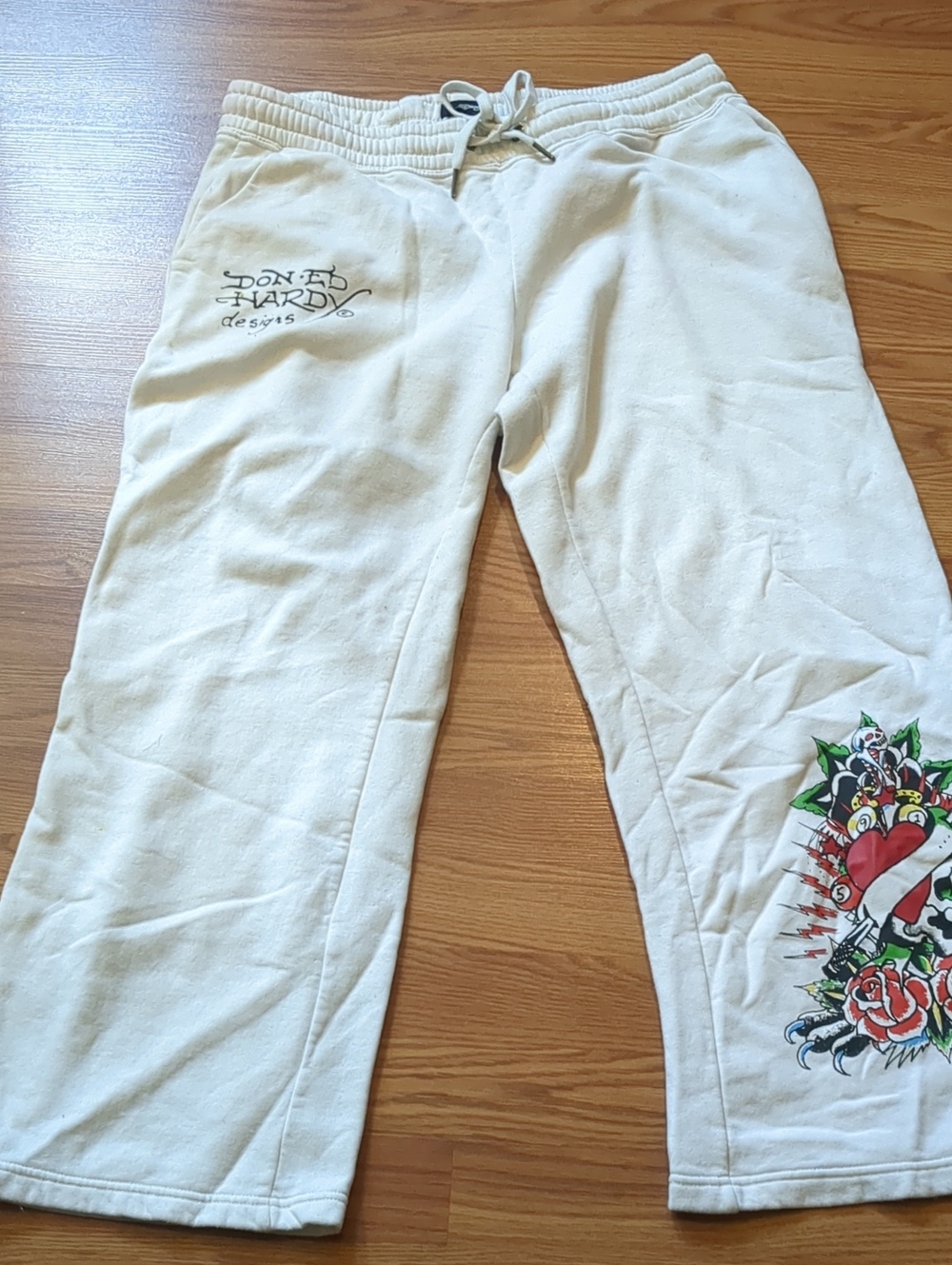 Ed Hardy White Straight Leg Pants with Colorful Tattoo Design